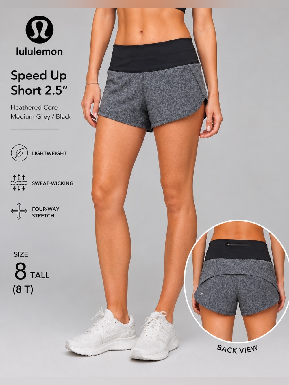 Lululemon Run Speed Shorts Size 8 Tall Heather Gray Black Running Athletic gym
